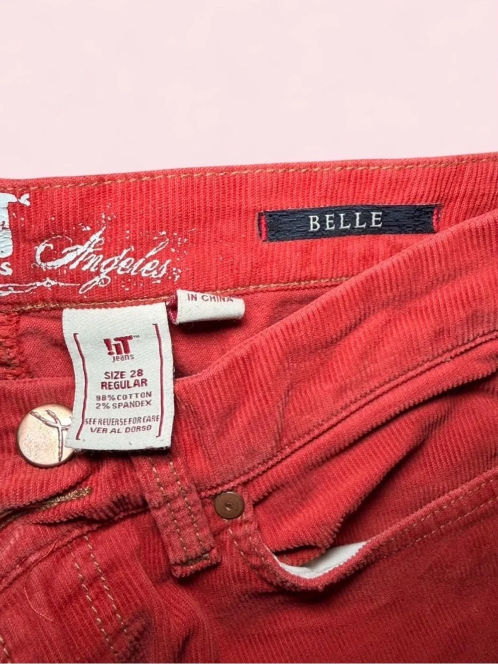 ! iT Jeans Belle Y2K Coral Red Orange Corduroy Bell Bottom Pants Sz 28 Vintage
